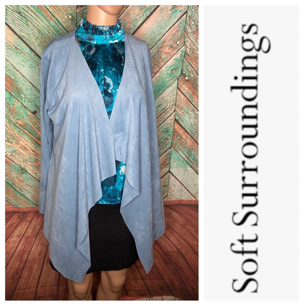 Soft Surroundings Baby Blue Faux Suede Shape Drape Open Lightweight Jacket